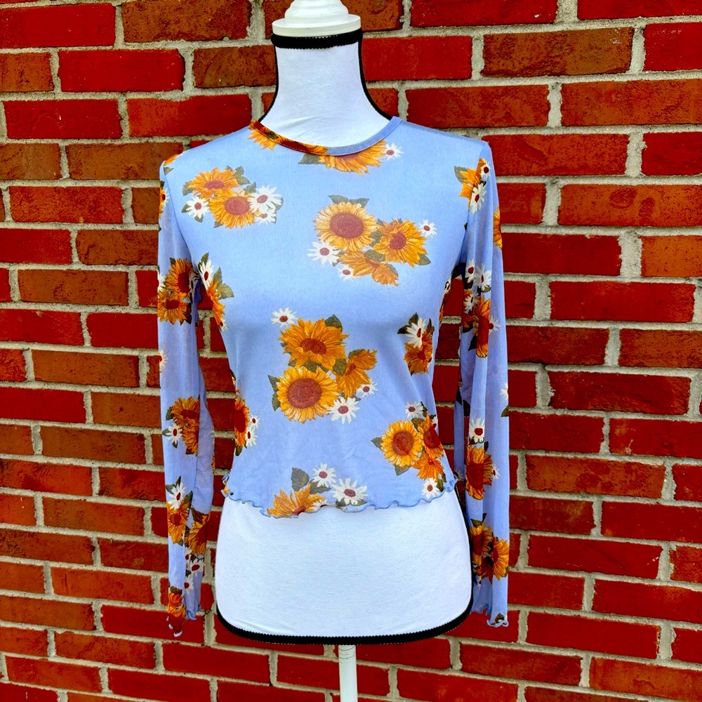 Altar'd State Sunflower Floral Print Sheer Mesh Long Sleeve Top Womens Small